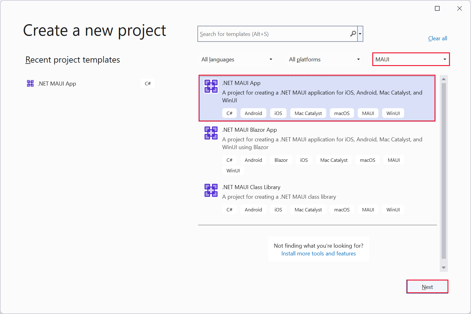 Yeni proje oluştur iletişim kutusunun ekran görüntüsü. .NET MAUI Uygulama şablonu seçilidir.